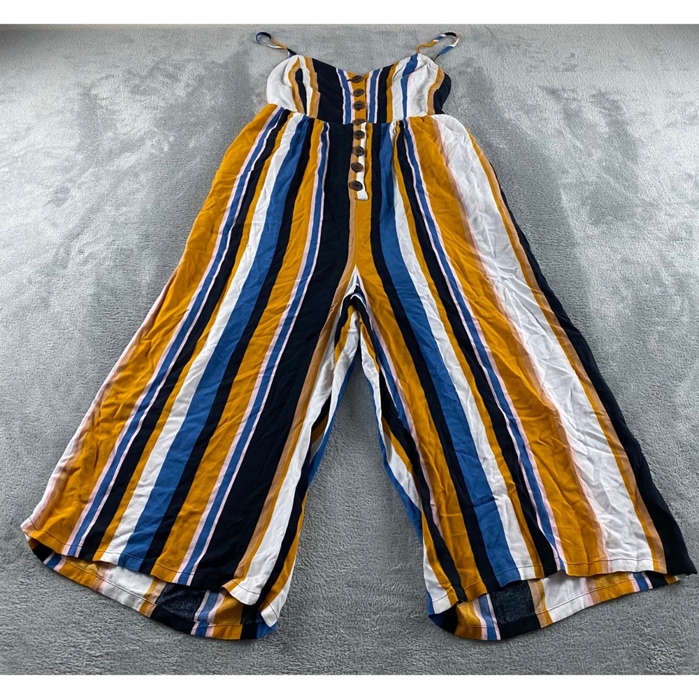 Japna Womens Mustard Yellow Striped Wide Leg Button Front‎ Rayon Jumpsuit Size M